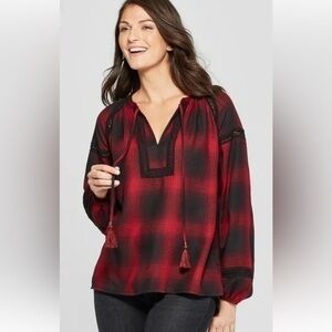 KNOX ROSE red & black plaid long sleeve top with black lace details and tassles.